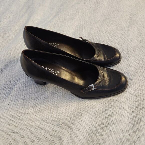 Franco Sarto Brown Brazil Distressed Mottled Leather Heels 8 M Buckle Academia - Picture 3 of 5